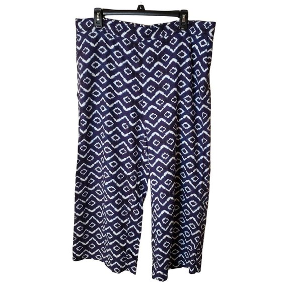 Loft Size L Linen Blend Wide Leg cropped Pants Batik Print Summer Boho Nautical - Picture 1 of 6